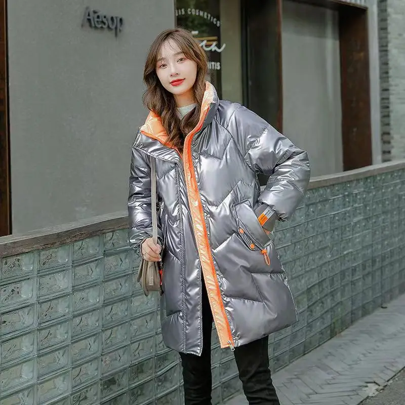 2023 Winter Fashion Jacket Ladies Long Coat Women Shiny Oversize Stand-up Collar Coat Black Warm Parka