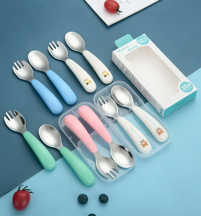 Cuchara, tenedor y palillos de acero inoxidable 304, estuche portátil, práctica de autoalimentación para bebés de guardería, fácil de limpiar