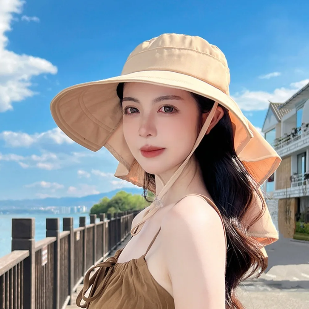 

Big Bowknot Sunshade Bucket Hat with Shawl with Ponytail Hole Bow Sun Hat UPF 50+ Foldable Aiti UV Fishman Hat Outdoor