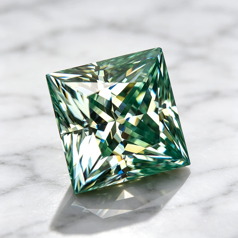 Moissanit-Stein im Princess-Schliff, natürlicher gelb-grüner Edelstein für DIY-Schmuckherstellung, besteht den Diamanttest mit Zertifikat. – Detail 3