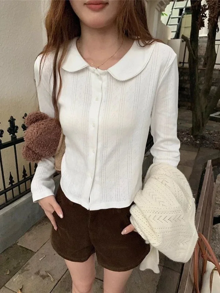 Japanese Style Kawaii T-shirts Women White Peter Pan Collar Crop Tops Sweet Korean Cutecore Casual Long Sleeve T-shirts