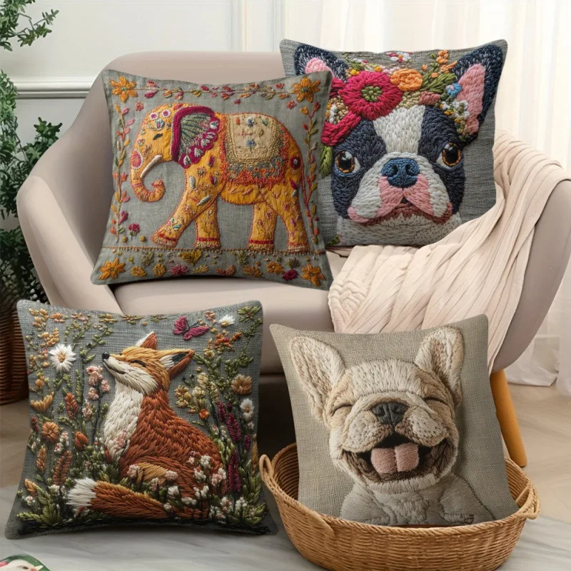 Embroidered Animal Fox Dog Elephant Pillow Cover Short Plush Polyester Cushion Case Decor Throw Pillowcase Home Deco
