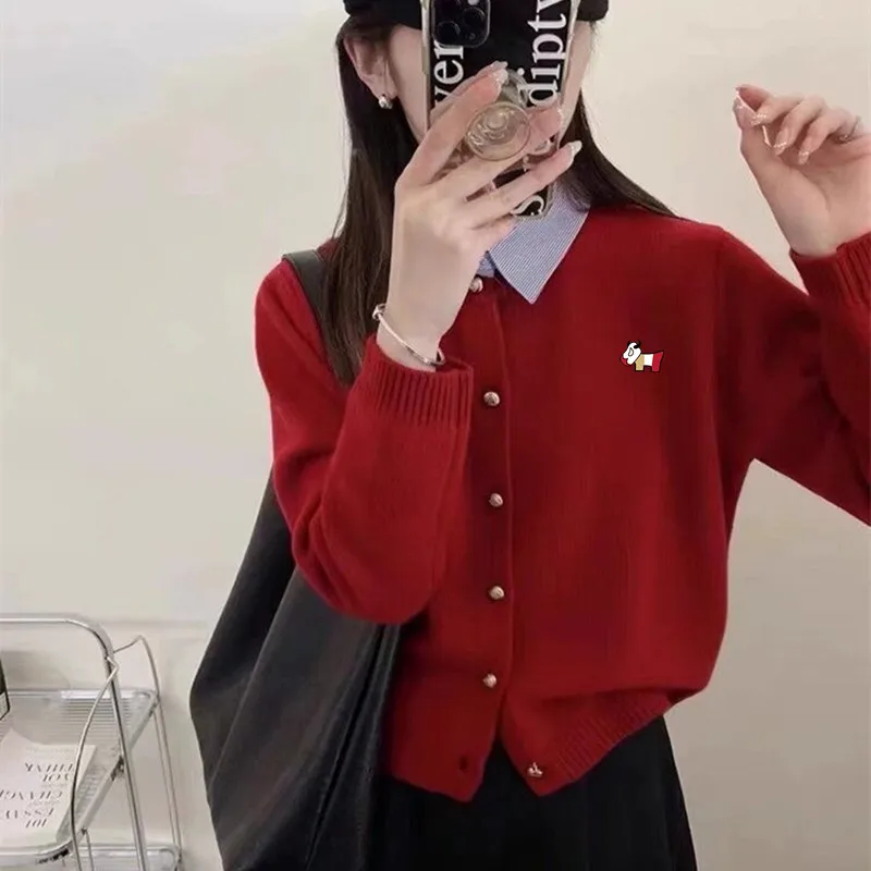 ๊ณจํ๋ํธ Fashion Fake Two Items Knit Cardigan Women\'s Autumn Golf Wear 2024 Luxury Brand Golf Sweater New Versatile Women Polo Shirt