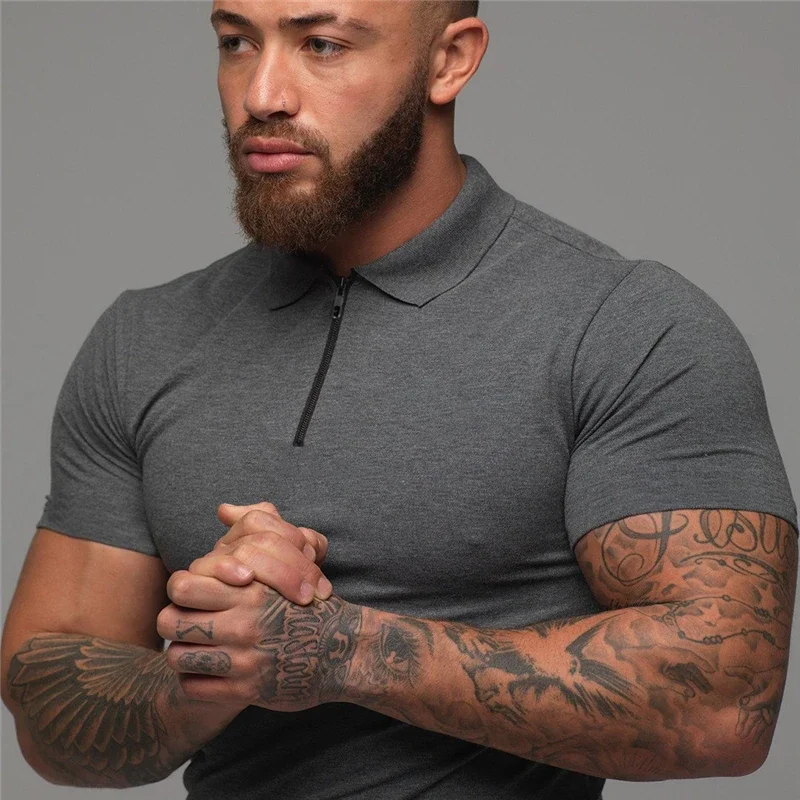 Brand Cotton Casual New Mens Short Sleeve Polo Shirts Fitness Fashion Polo Shirt Clothing Bodybuilding Trend Sport Polo Shirts - Image 5