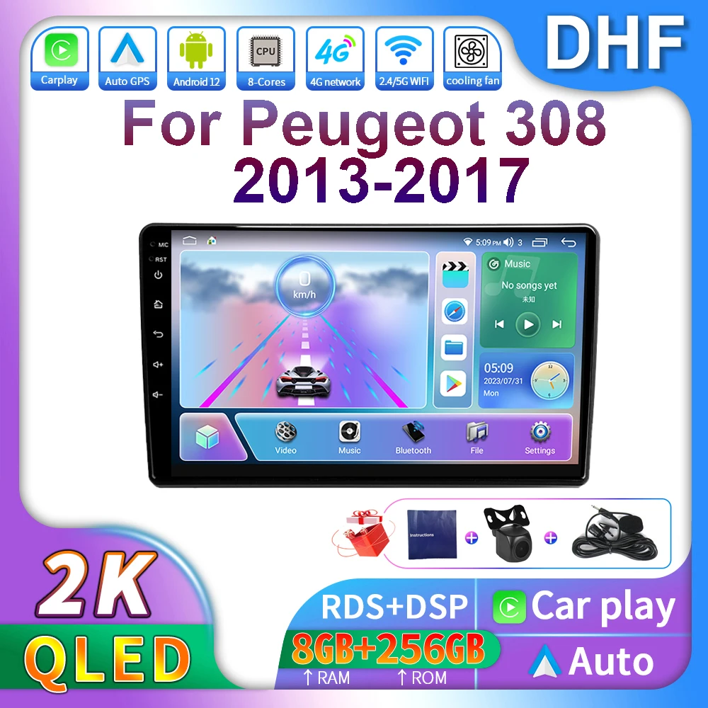 

9 дюймовый Android 13 Carplay для Peugeot 308 T9 308S 2013 - 2017 мультимедийный плеер, видео стерео приемник, 4G навигация GPS 2Din