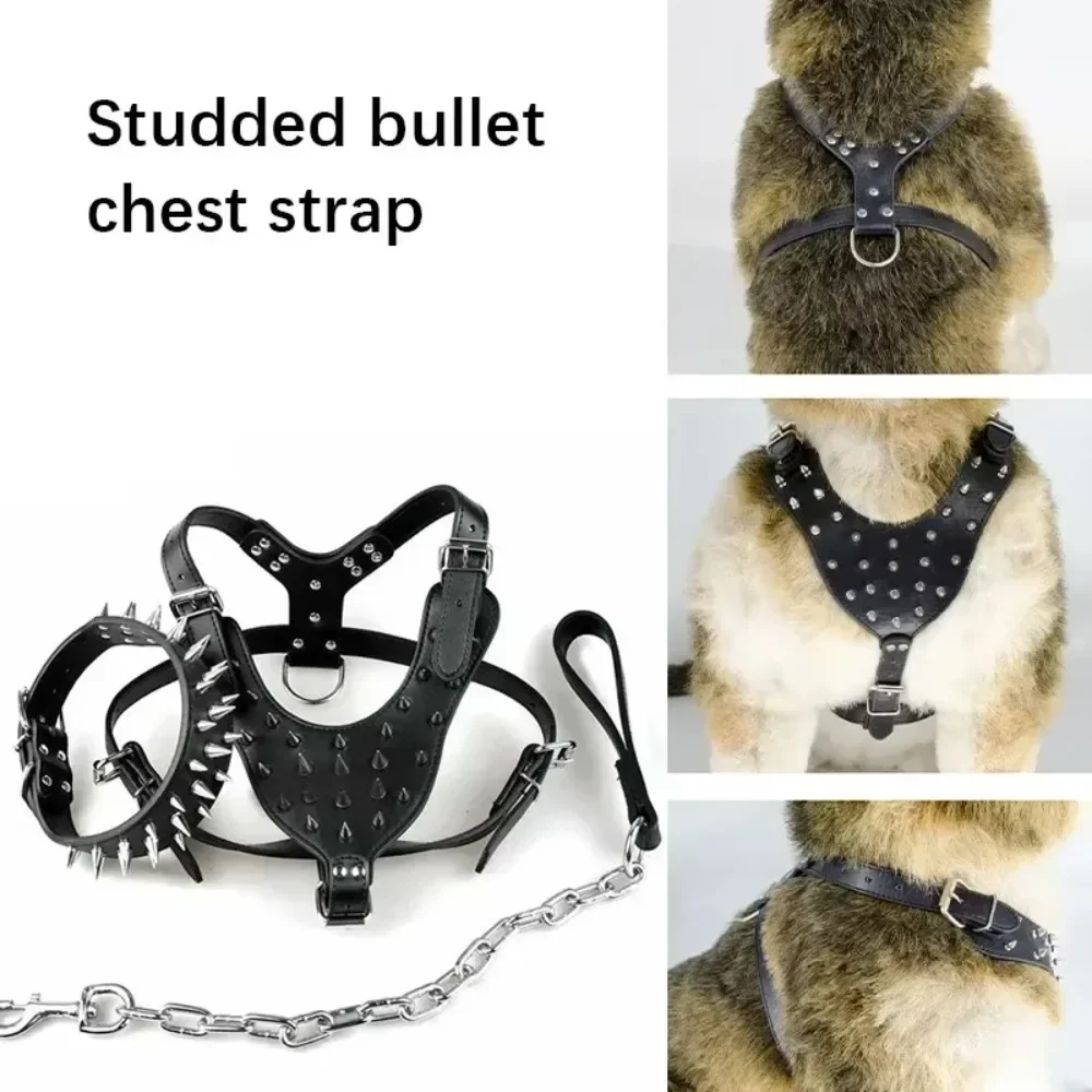 3pcs Set Dogs Kingdom Spiked Studded Dog Harness Collar Chain Walking Training Adjustable Leather Dog Pet Collar Harness Leash - view 2