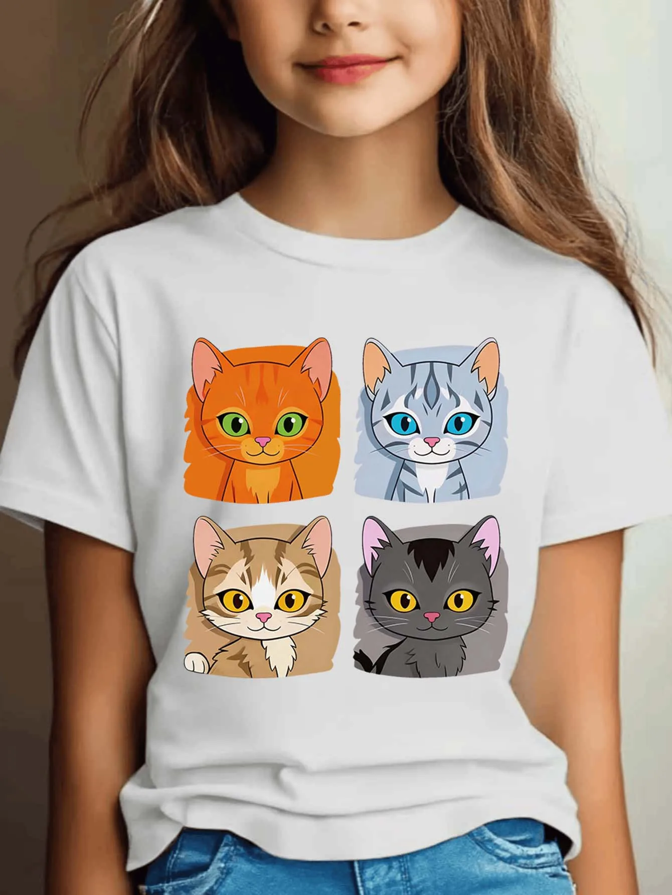 Four Cartoon Cat Print Boys Girls T Shirt Lovely Kitten Kids Tee Parent Child Matching Casual Summer Family Daily Wear Tops