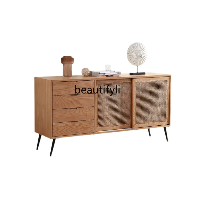 

Nordic Solid Wood Sideboard Simple Modern Rattan Storage Cabinet Small Apartment Living Room Entrance Cabinet Tea Cabinet