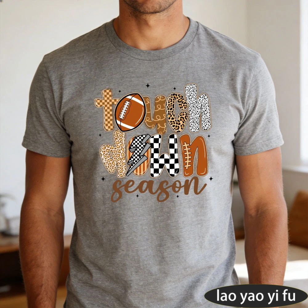 Touchdown Season Coquette Mixed Pattern Letter Graphic Men Summer Cotton T Shirt Cute Fall Football Short Sleeve Casual Top