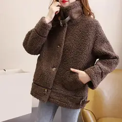Fashion Lamb Plush Jacket Women's Autumn Winter Pocket Zipper Long Sleeve Loose Stand Collar Warm Jacket Coat For Women