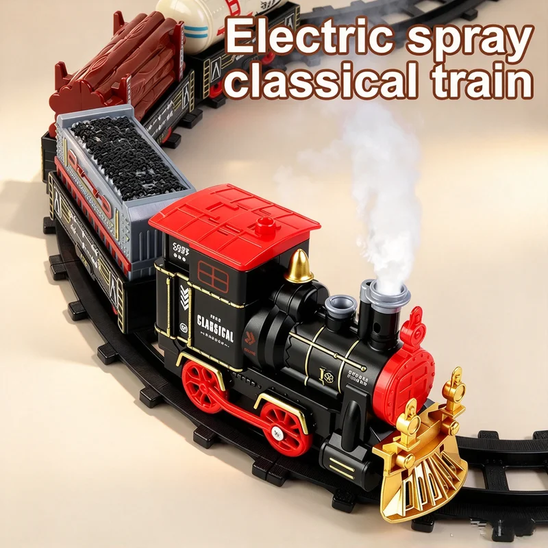Electric Christmas Spray Track Retro Train With Carriage Lights Simulation Sound Kids Toys Smoking Model Adult Party Xmas Gifts