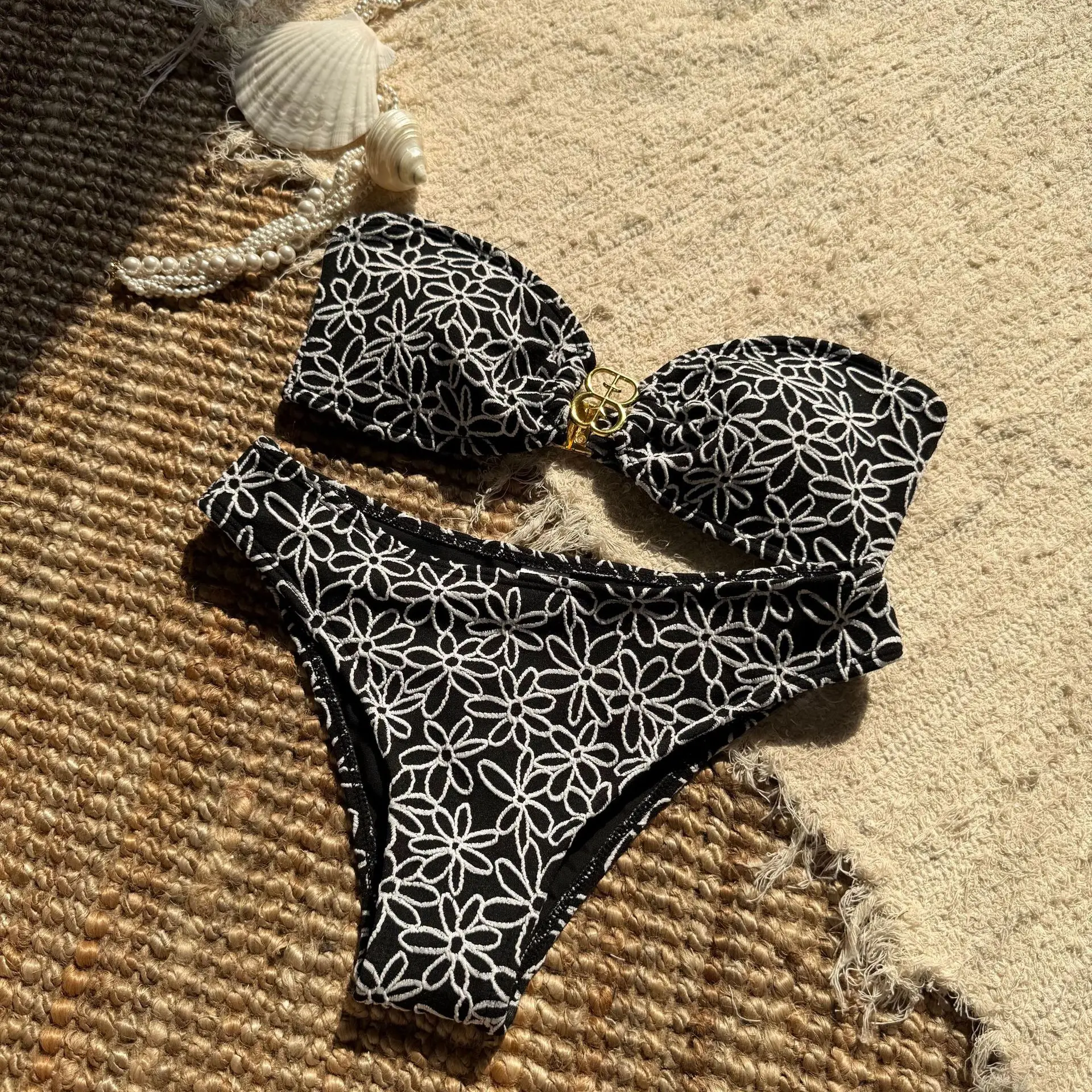 Sexy flor padrão bandeau biquinis define duas peças de metal maiôs maiô terno de natação biquini tankini trikini