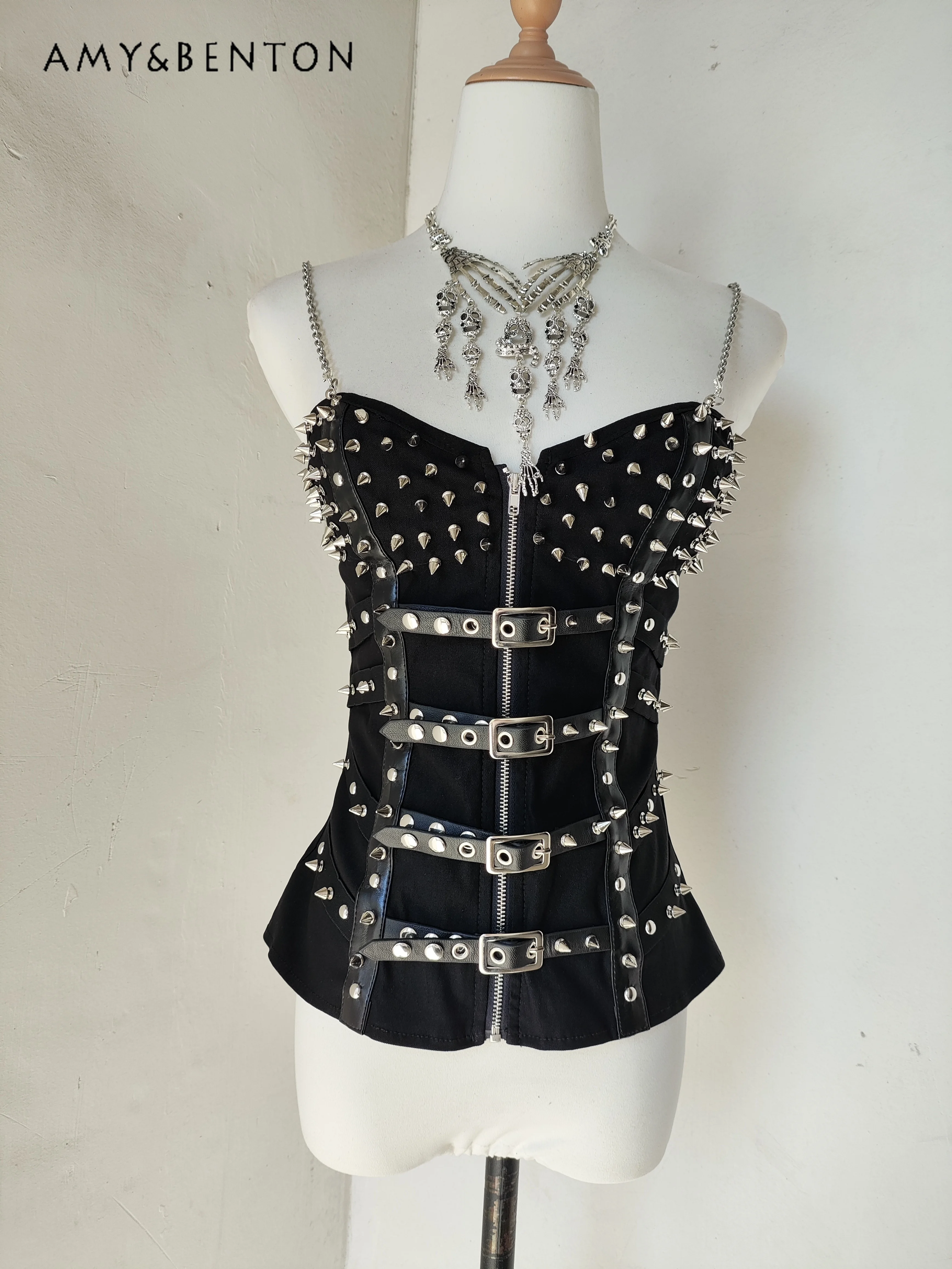 

European and American Punk Style Y2K Hottie Sexy Corset Vest Rivet Chain Metal Heavy Industry Suspender Women's Top