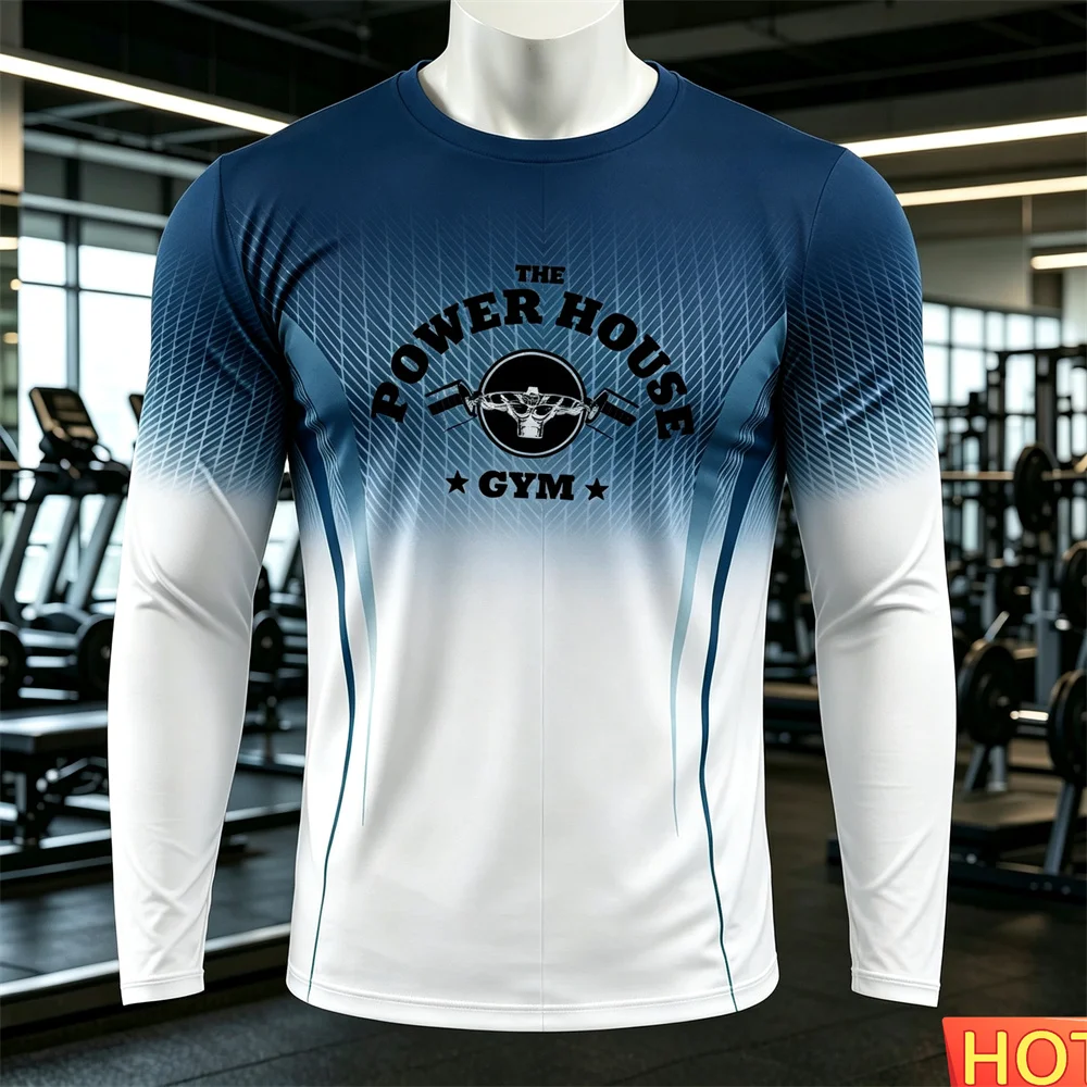 Autumn/Winter Gradient Fitness T-shirt Men's Indoor Sports Long sleeved T-shirt Men's Cotton Elastic T-shirts tops Gym clothing