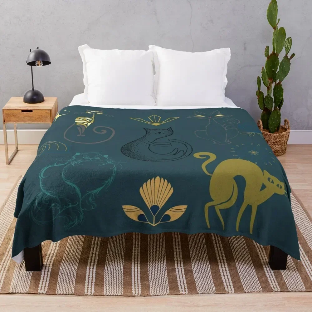 

Art Deco Cat PatternThrow Pillow Royal Blue And Gold Throw Blanket Soft Bedroom Blanket for Night Sleeping