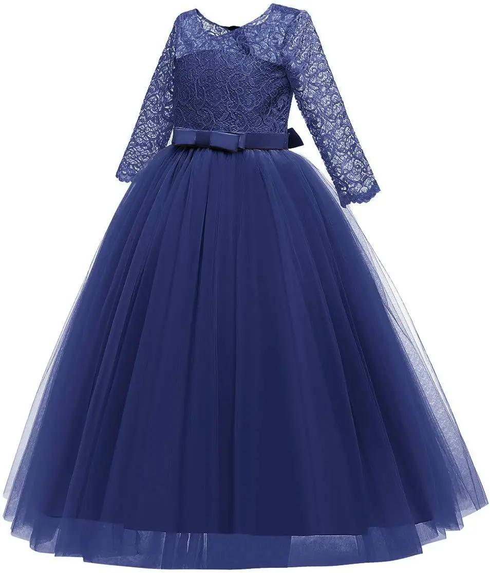 فستان فتاة الزهور 2025 ريترو دانتيل 3/4 كم طول الأرض لحفلات الزفاف فستان رسمي للرقص البيغاني