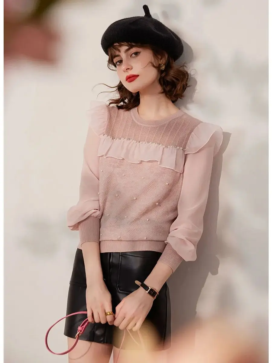 LOUIS YAO Women Knitwear Top 2024 Spring New Bead Jacquard Weave Top Round Neck Long Sleeve Elegant Lace Sweater Casual Top