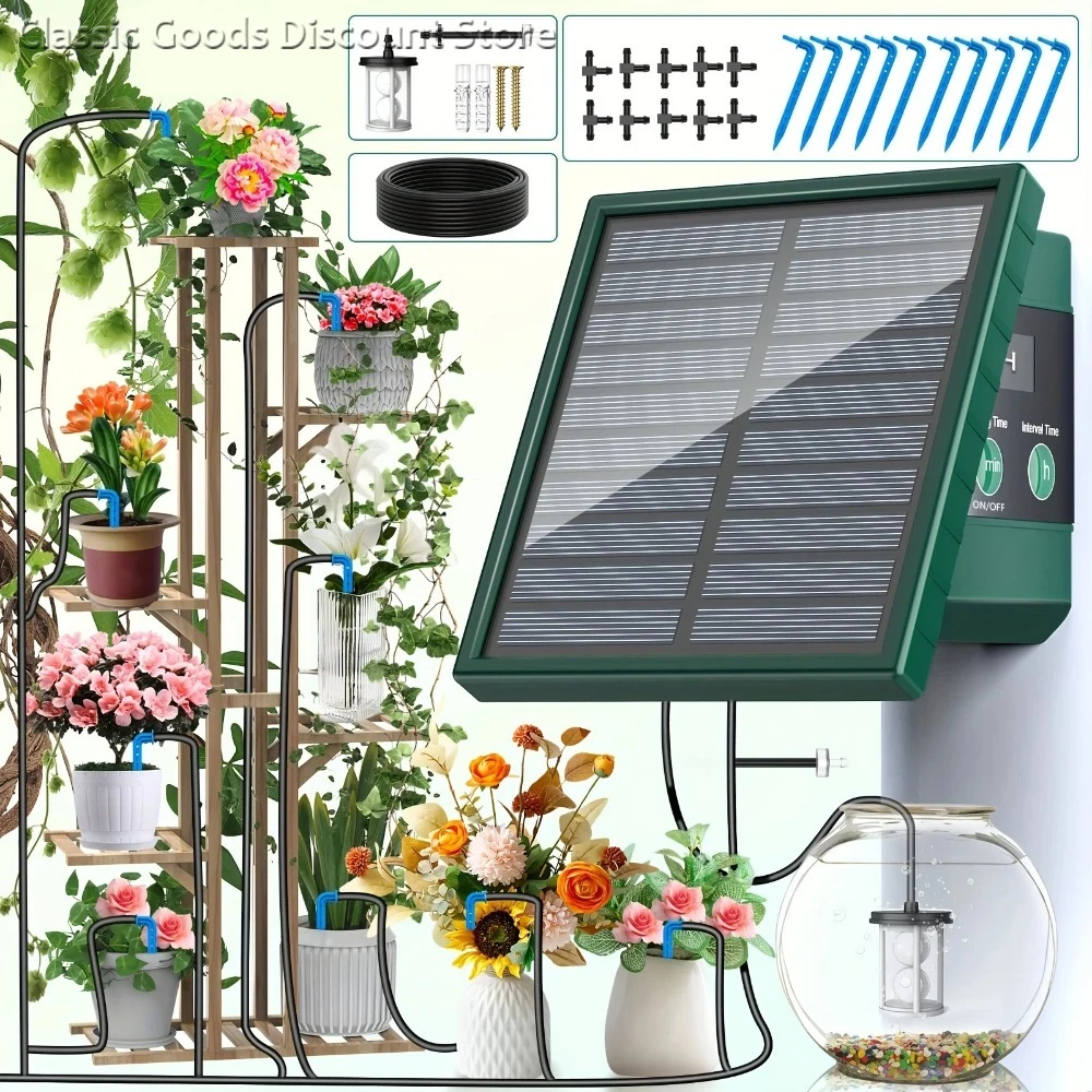 Nuovo sistema di irrigazione solare, kit sistema di irrigazione fai da te, tubo di irrigazione a goccia anti-sifone per sistema di irrigazione da giardino e cortile