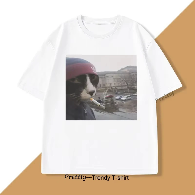

2025 New Summer Smoking Cat Meme T-Shirt Men Funny Kitty Cigarette Print Harajuku Cotton Short Sleeve Casual Streetwear Fashion