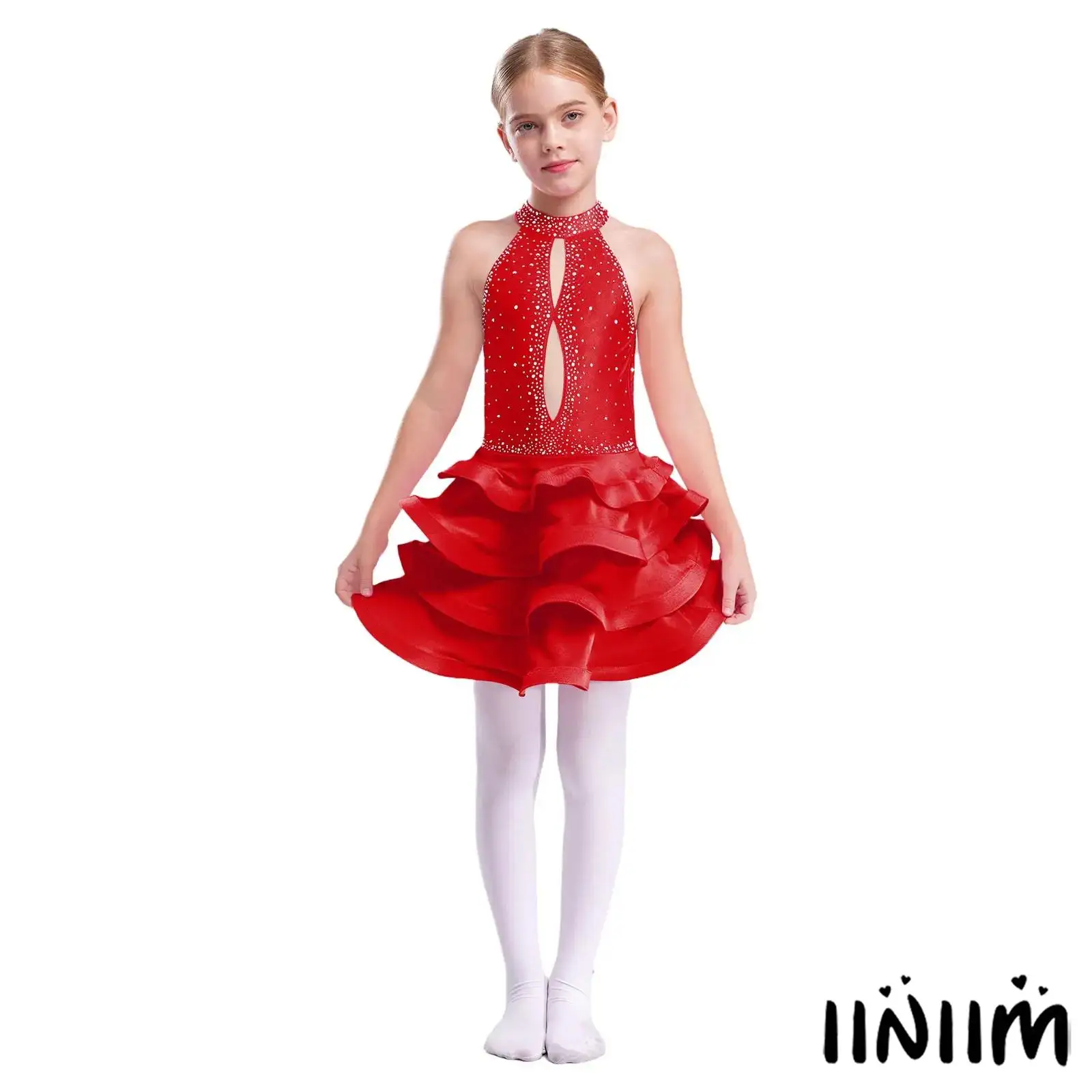 

Kids Girls Latin Dance Dress Sleeveless Straps Backless Shiny Rhinestones Built-in Briefs Tiered Dress Cha-Cha Theme Party Wear