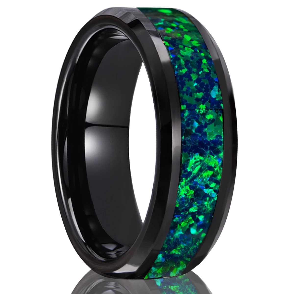 

8MM Black Tungsten Carbide Ring with Opal, Chamfered Design, Fashionable Men's Jewellery, Men's Wedding Band, Anniversary Gift