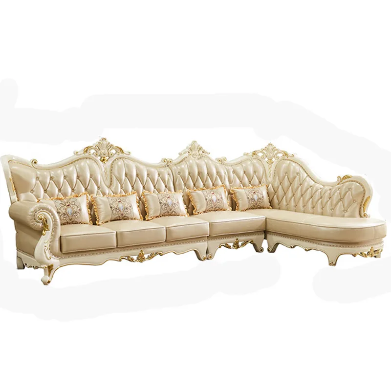

European leather sofa corner living room, American light luxury 7-character L-shaped solid wood carving flower
