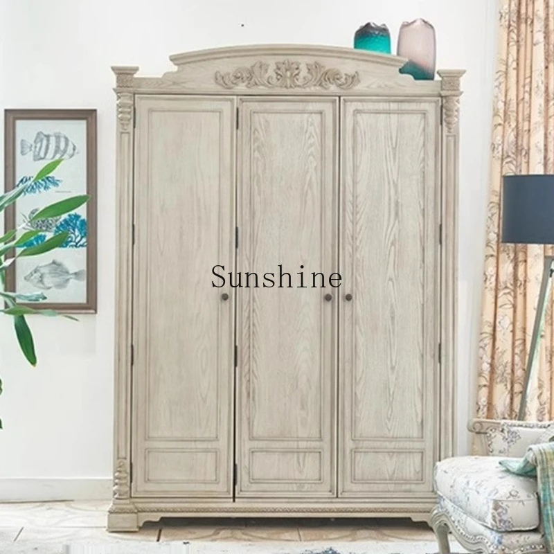 

European retro carved double three-door wardrobe large-capacity storage cabinet
