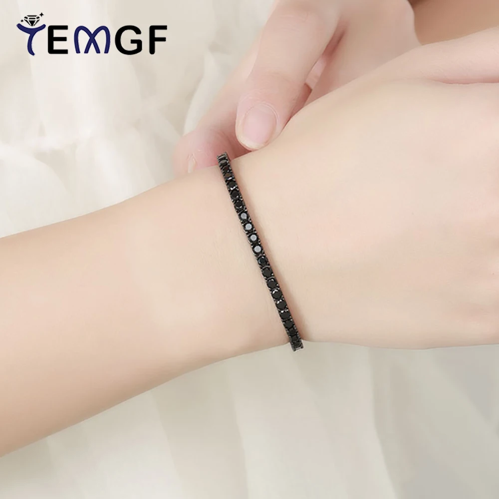 

TEMGF Full Black Moissanite/Zircon Bracelet S925 Sterling Silver Chain for Men Hip Hop Trendy Simple Fine Jewelry