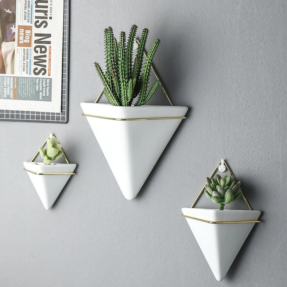 Triangle Wall-mounted Ceramic Flowerpot Living Room Decorative Planter Vase Creative Modern Minimalist Succulent Vases Ornaments