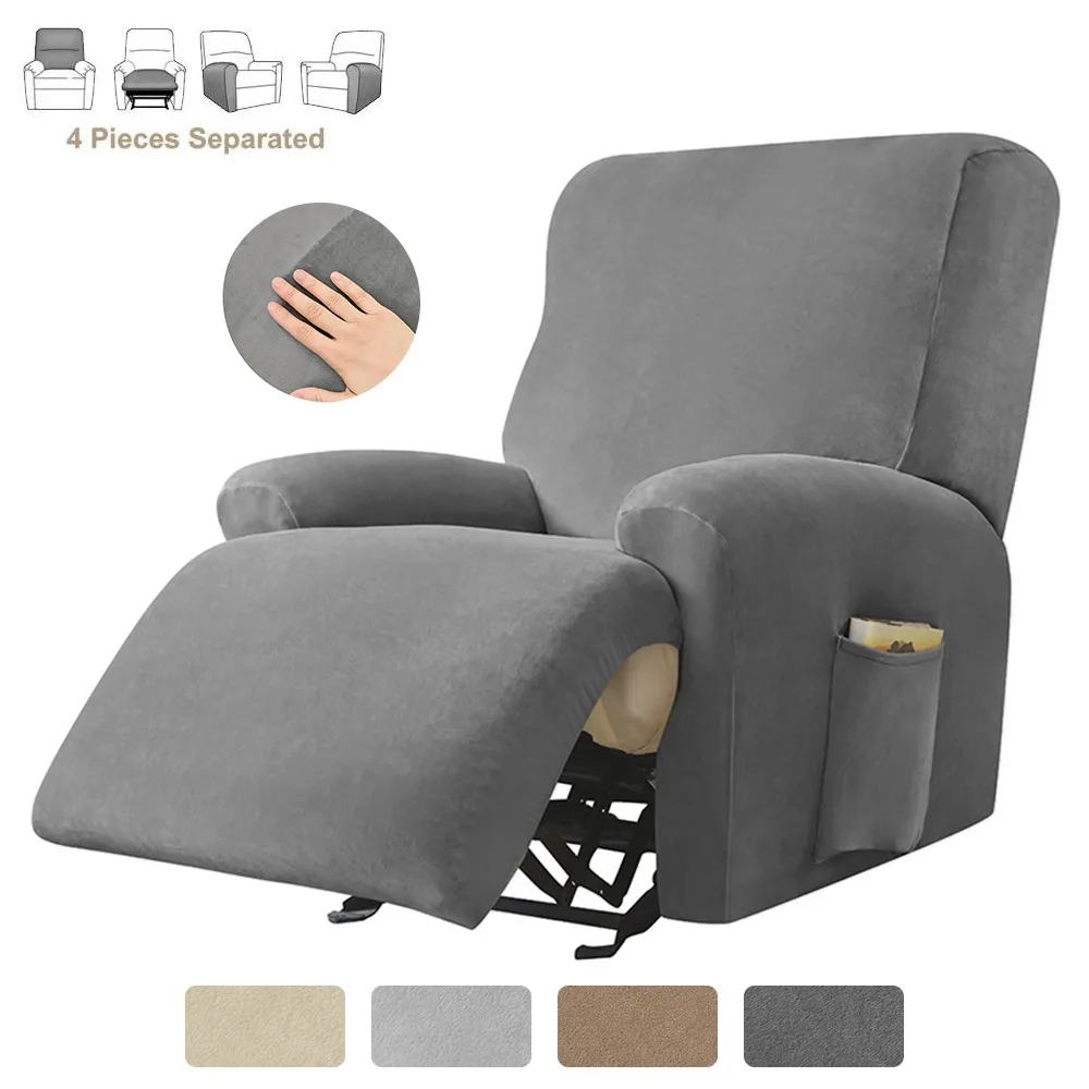 4pcs/set Velvet Single Chaise Lounge Sofa Cover with Armrests Elastic and Soft with Storage Bag Living Room Single Sofa Cover