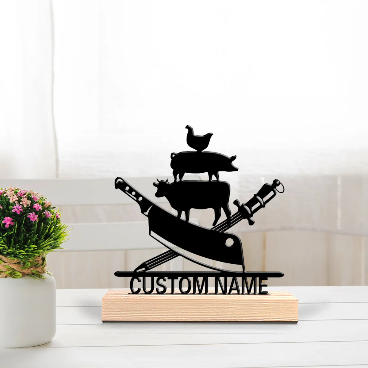 1pc Slaughtering meat Custom Name Metal Statue Iron Ornament Handicraft With Wood Base With Wood Base For Children Gifts