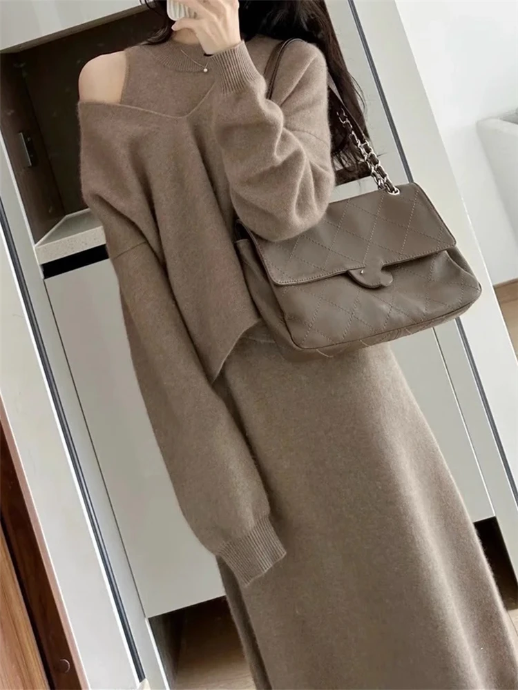 REALEFT Autumn Winter 2 Pieces Oversize Women's Sets Knitted Tracksuit Sleeveless Dresses and V-Neck Sweater Outfit Suits