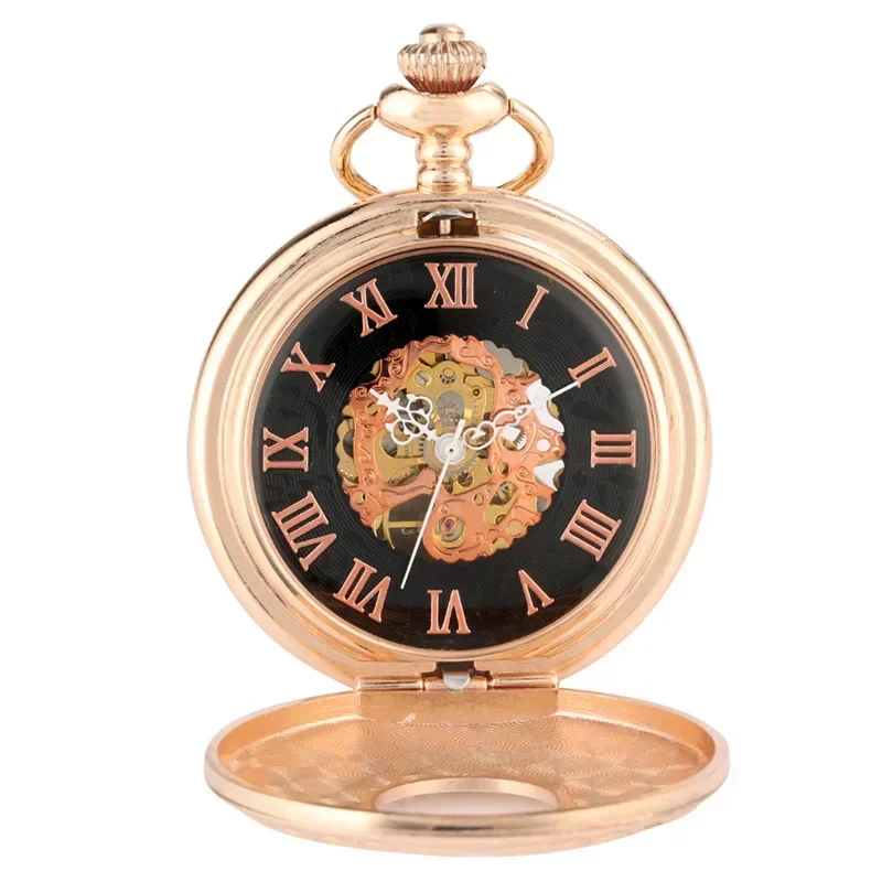 Rose Gold Roman Numbers Skeleton Mechanical Hand-Wind Pocket Watch with Pendant Chain Men Women Gift Rose Gold Clock Reloj