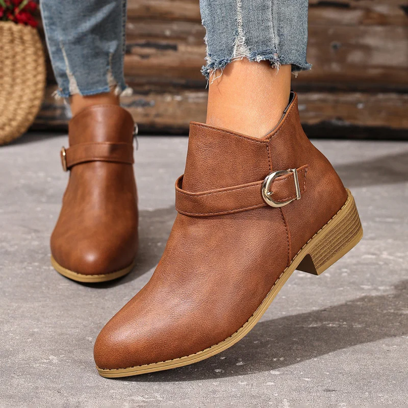 

Vintage Women's Boots European and American Style Leather Boots Winter Round Toe Mid-heel Belt Buckle Women's Boots