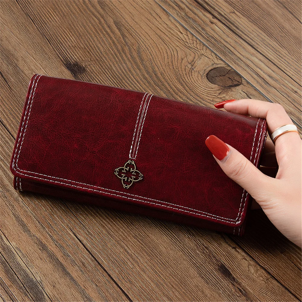 

Retro Leather Hasp Zipper Long Wallet Solid Color Vintage Decorate Money Clip Larger Capacity Multi Card Two Fold Purse For Lady