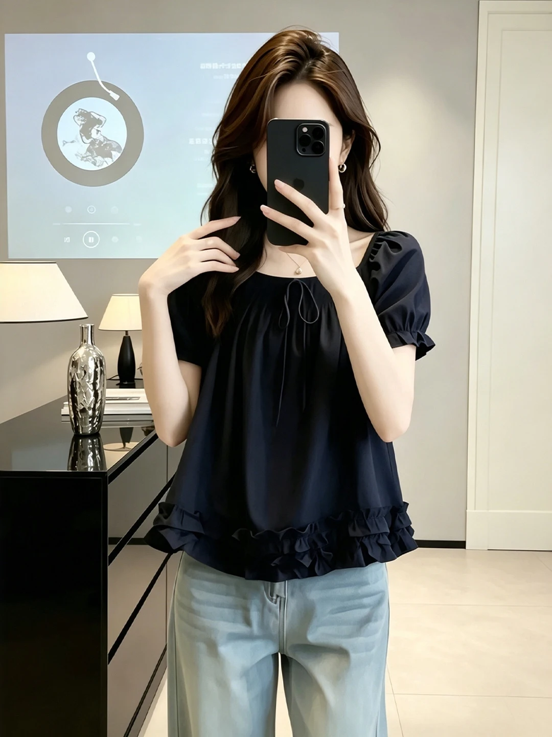 

Cute Wood Grain Ruffle Short Sleeve Shirt Women's Summer 2026 New plus Size Doll Top Korean Style Bubble Sleeve Loose Fit