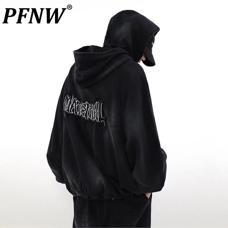 PFNW High Street Dirty Dye American Washed Distressed Hoodie Jacket Men's Applique Embroidered Hooded Sweatshirt Spring 28W5820