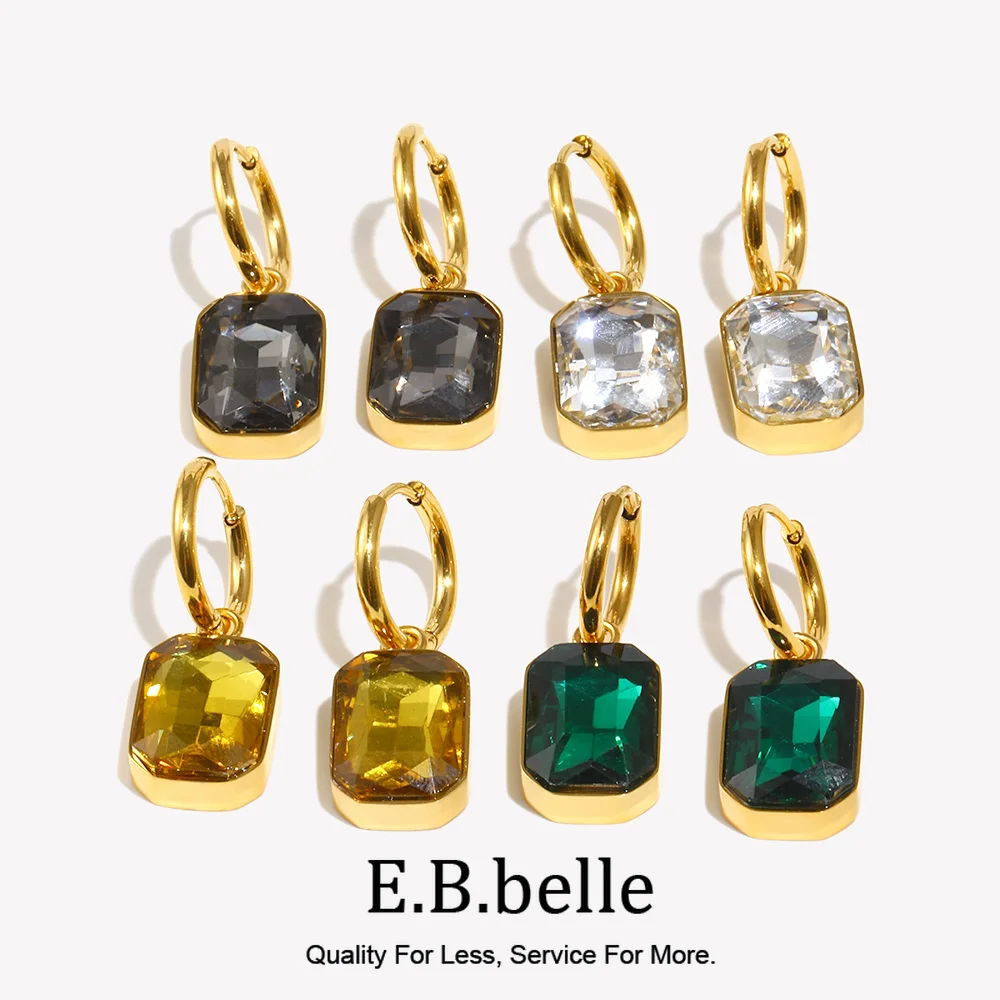 E.B.belle Minimalist Drop Dangle Square Charm Hoop Earrings Green Champagne Gray Clear CZ Pendant Stainless Steel Earring