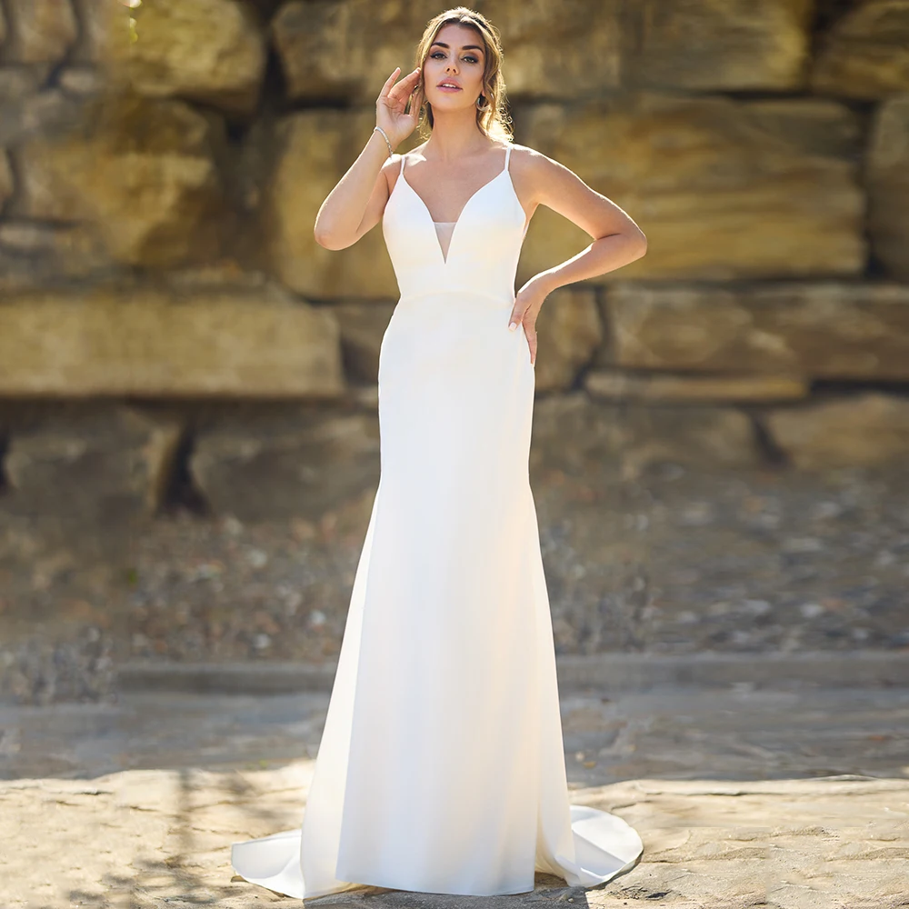 

Modest V-Neck Mermaid Wedding Dress 2026 Customized Vestido De Novia Jersey Spaghetti Straps Open Back with Bow Bridal Gowns