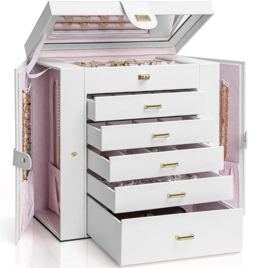 

Extra Large 6Tier Jewelry Box Organizer with Mirror, 5 Drawers Leather Jewelry Storage Case for Women Girls Ring Necklace Earrin