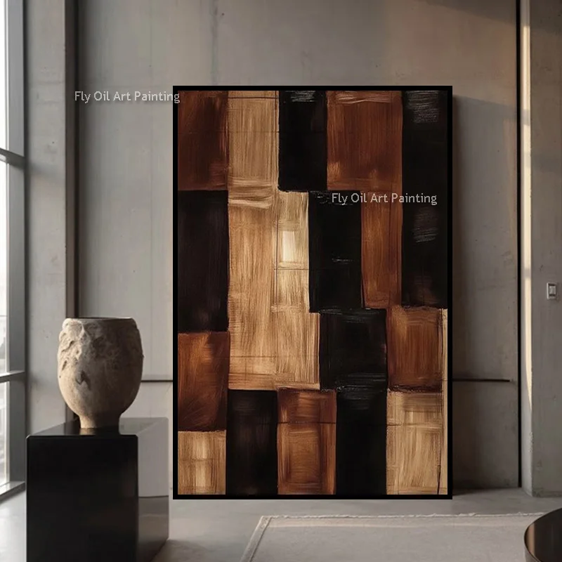 Geometric Block Abstract Oil Painting Handmade Neutral Brown Black Textured Canvas Art Wabi Sabi Vertical Simple Wall Decor
