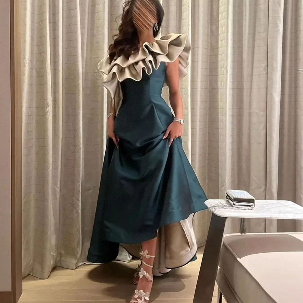 

One-Shoulder Ruffle Prom Gown for Women Patchwork A-line Ankle-Length Pleat Elegant Party Evening Dresses فساتين للحفلات الراقصة