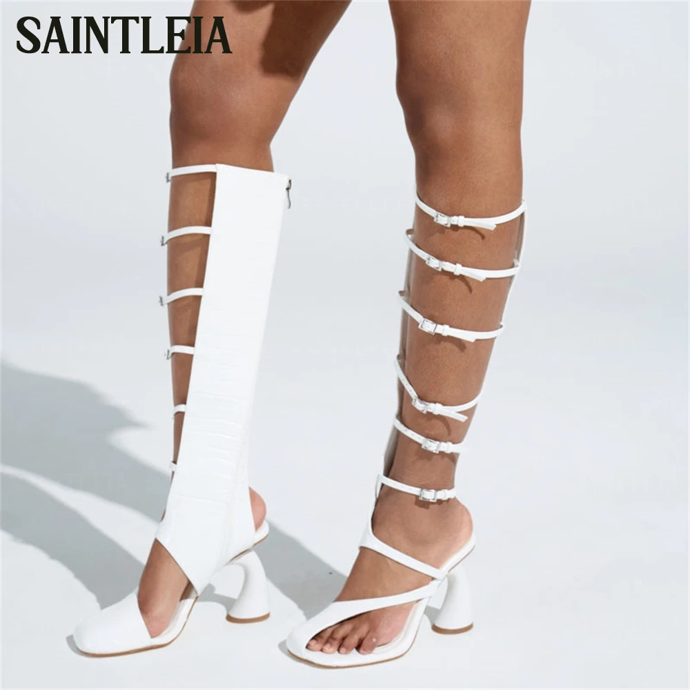 Chunky Uniquely Curved Heel Gladiator Boots Half-Open Almond Toe Sandal Knee Boots Six Thin and Adjustable Buckled Straps Boots