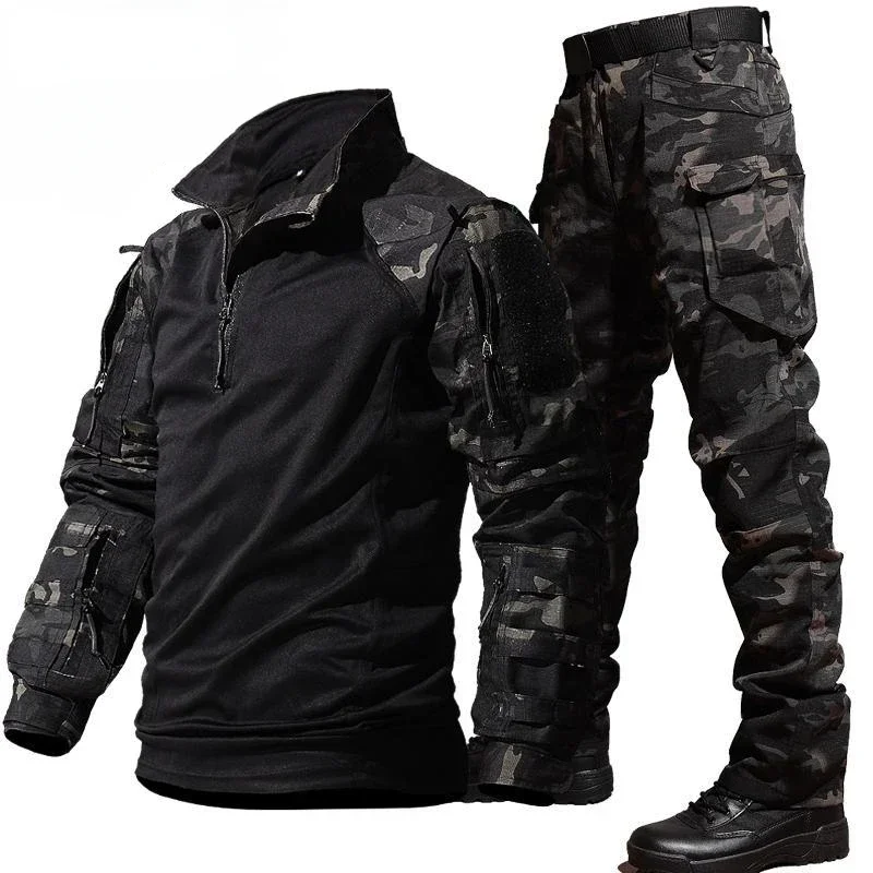 Men's Hiking Tactical Suit Outdoor Durable Breathable T-shirt Loose Pants G3 Frog Camouflage Set Multi-Pocket Waterproof Suits