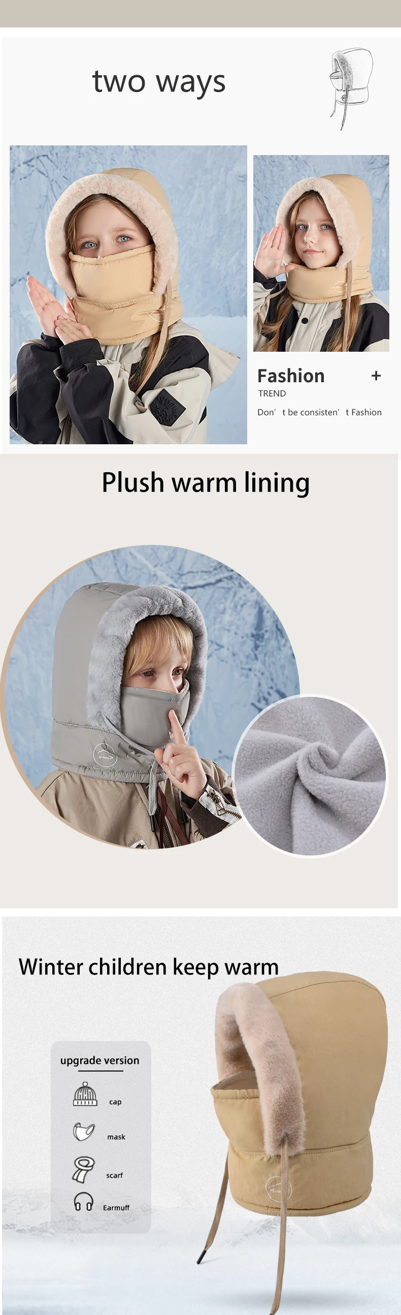 Winter-Fahrradmütze, warmer Schal für Kinder, Gesichtsmaske, integriert, kältebeständig, winddicht, Kopfbedeckung, verdickter Samt-Nackenschutz – Detail 2