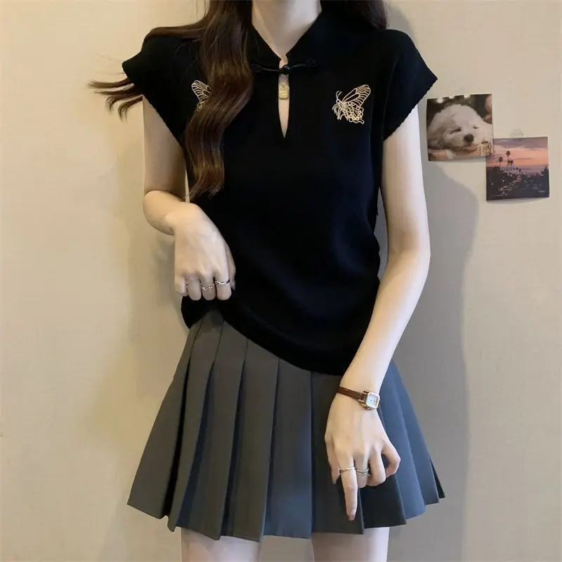 

Plus-size women's summer new arrival slimming and figure-shaping printed Chinese style mandarin collar small puff sleeve t-shirt