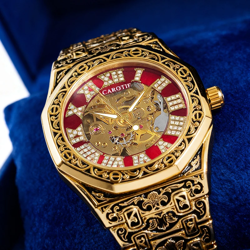 A men's black and gold steel strip fashionable retro digital stripe nail polygonal fully automatic mechanical watch