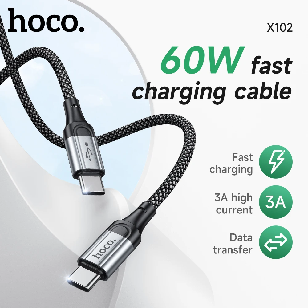 HOCO 60W Type C to Type C Phone Fast Charging Cable For iPhone 16/15 Pro Max 3A USB C Wired Cord For Samsung S22 S23 S24 Ultra