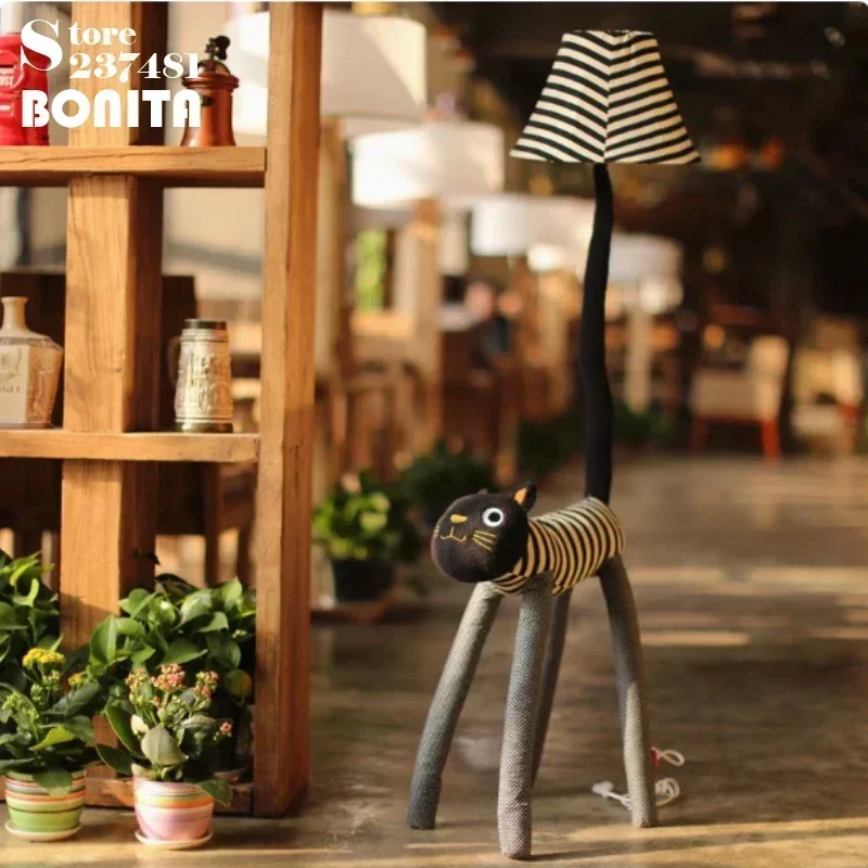 Christmas Gift Floor Lamp Living Room Children Room Floor Light Canvas Catoon Animal Striped Cat Feet Adjustable Stand Lamp
