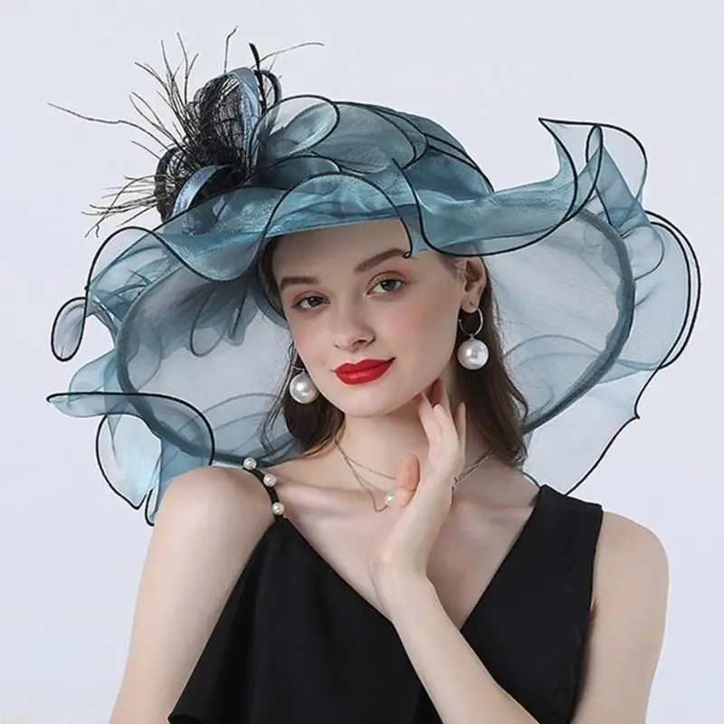 15YC Sommer-Bowlerhut aus Organza, Cloche für Damen und Mädchen, Party, Hochzeit, Foto-Requisiten, Organza-Bowknot-Hut mit – Detail 10